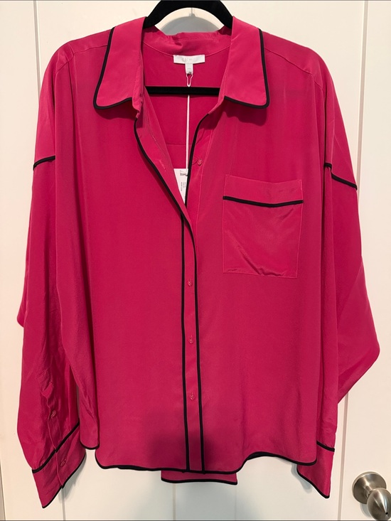 Johnny Was Tops - NWT Calme by Johnny Was 100% Silk Hot Pink Blouse with Black Piping